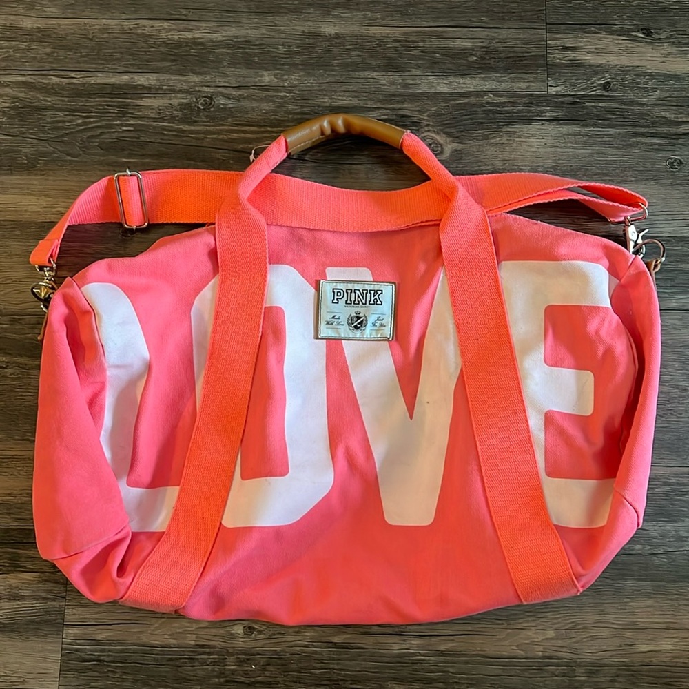 Pink VS Love Pink White & Hot Pink Canvas Large Travel/ Weekender Duffel Bag